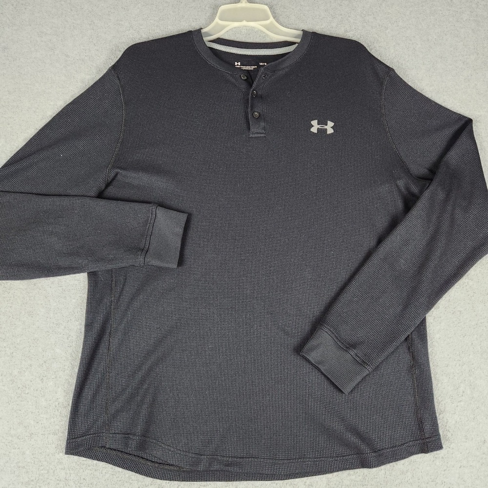 Under Armour Henley Shirt Mens Large Black Waffle Knit Long Sleeve Performance